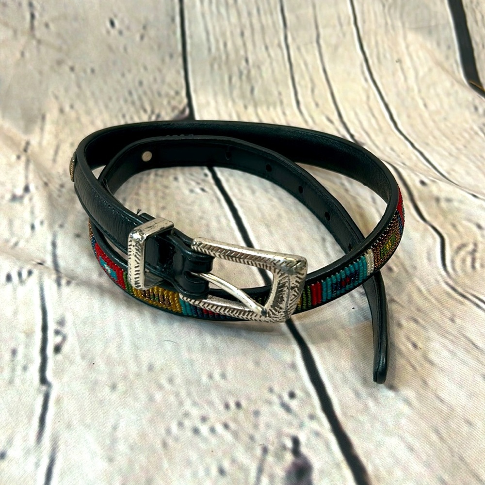 Brighton Black Colorful Beaded Leather Belt Excellent Condition